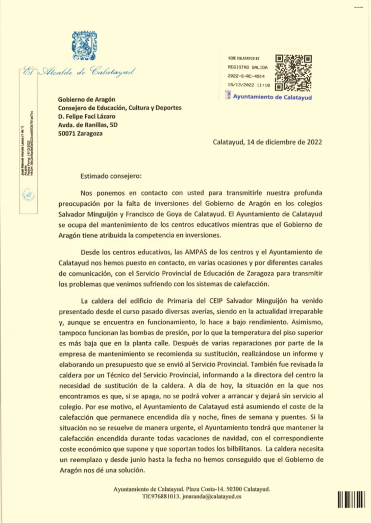 Los Colegios Salvador Minguijón y Francisco de Goya, y el Ayuntamiento de Calatayud emiten una carta al Consejero de Educación del Gobierno de Aragón en la que piden “inversiones en unos sistemas de calefacción muy antiguos y que generan problemas de manera continuada” 2 BC1D6948 BA15 402F BD57 9B06C41A6863