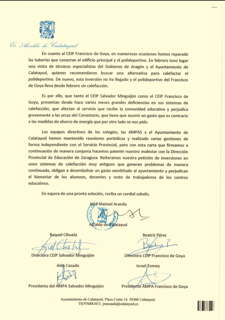 Los Colegios Salvador Minguijón y Francisco de Goya, y el Ayuntamiento de Calatayud emiten una carta al Consejero de Educación del Gobierno de Aragón en la que piden “inversiones en unos sistemas de calefacción muy antiguos y que generan problemas de manera continuada” 3 C90053C9 0321 428E 8D92 CC9EC2B5FB12