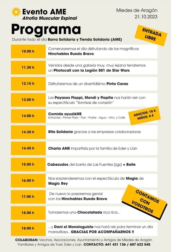 Miedes de Aragón celebrará este sábado 21 de octubre un evento solidario “por Eden, Lian y la investigación de la Atrofia Muscular Espinal” con comida, rifa, monólogos, hinchables y cabezudos, entre otros 2 517a50cb cf96 4ab0 bda2 5b51de028275