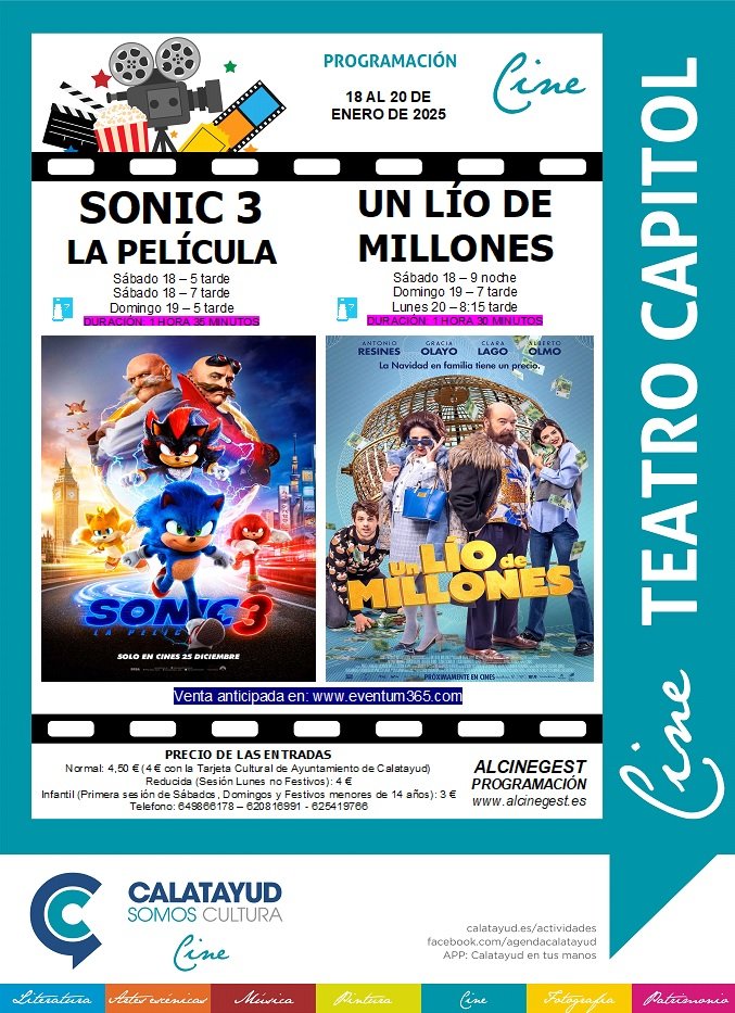 “Sonic 3” y “Un lío de millones” llegan este fin de semana al Cine Capitol de Calatayud: consulta aquí las sinopsis, los tráiler, las sesiones y los precios de las entradas 2 PROGRAMA CINE CAPITOL 18 20 ENERO 2025