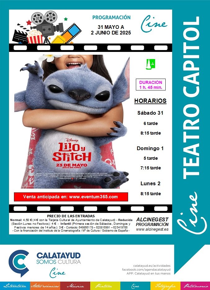 “Lilo y Stitch”, llega este fin de semana al Cine Capitol de Calatayud: consulta aquí la sinopsis, el tráiler, las sesiones y los precios de las entradas 2 PROGRAMA CINE CAPITOL 31 MAYO 2 JUNIO 2025