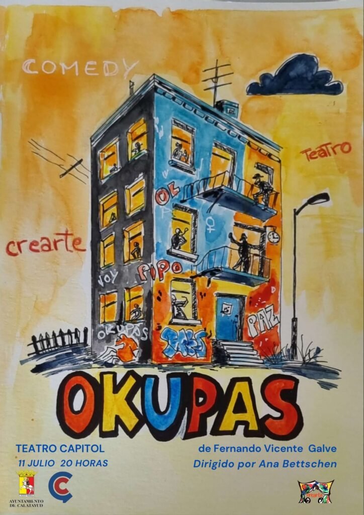 Las “Noches de Verano” de Calatayud comienzan este próximo fin de semana con el estreno de la obra “Okupas”: conoce aquí toda la programación para los días 11, 12, 19 y 26 de julio 2 Poster Verde neon imagen Obra de Teatro Tragicomedia2